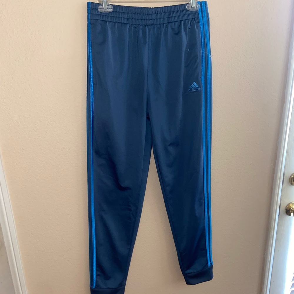 Navy and blue Adidas joggers blue side piping y2k retro sweatpants workout vibes